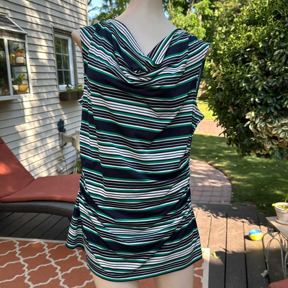 Ann Taylor Top, Navy, Green, and White Striped, Medium